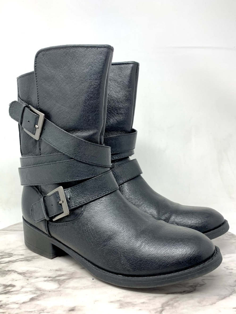 Steve Madden Elle Black Leather Buckle Strap Mid-Calf Moto Boots 6.5 Edgy Grunge